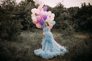 Robe de soirée sexy en tulle à volants, longueur ras du sol, coupe trapèze, col en V, manches courtes, pour séance photo, baby shower, avec traîne, pour femme enceinte - Product Image 3