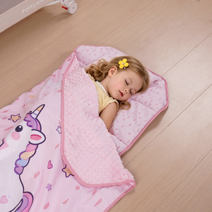 Tapis de sieste personnalisé pour garderie avec sangles élastiques pour <span class=keywords><strong>lit</strong></span> de crèche, couverture et oreiller en minky, matelas de sommeil licorne rose pour filles - Product Image 3