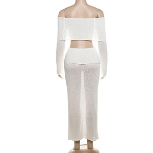 STOCK Conjunto de dos piezas de manga larga con hombros descubiertos para mujer Bandeau Top Falda larga Conjunto de punto Ropa de playa - Product Image 4