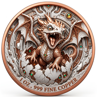Pièce de monnaie 1 oz en cuivre pur 999, Dragon bébé cybernétique, en relief, colorée UV, effet proof-like, néon, Art créature mythique