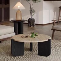 Runder Travertin-Couchtisch mit Massivholzrahmen, Minimalistischer Kleiner Niedriger Steintisch für Kleine Wohnungen, Wohnzimmer und Balkon
