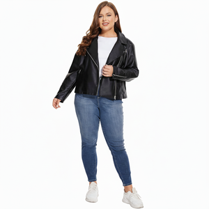 Chaqueta de piel sintética de talla grande para mujer, prendas de vestir de motorista de PU con cremallera para invierno, forro de algodón con logotipo frontal - Product Image 1