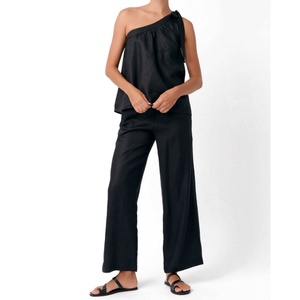 Hot Sales Summer Essential Women Linen Tops Resort Style One Shoulder <b>Tie</b> Detail Elastic <b>Back</b> Tank Top - Product Image 3