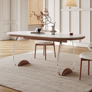 Mesa de Comedor Rectangular de Estilo Moderno y Minimalista con Tapa de Acrílico Travertino y Patas de Madera, Muebles para Sala de Estar - Product Image 1