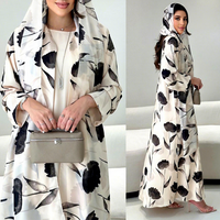Élégant Caftan Marocain Musulman pour Femme, Modeste, avec Turban Intégré et Foulard, Imprimé Floral Abstrait, Manches Longues, en Polyester Respirant, Taille XS