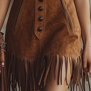 ชุดเดรสหนังกลับสไตล์วินเทจสุดหรูสำหรับผู้หญิง ตกแต่งพู่เลเซอร์ ดีไซน์ลำลอง กระดุมติด ชุดมินิเดรส - Product Image 4