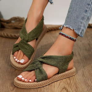Sandales plates bohèmes à nœud torsadé, dessus en lin, semelle tressée en jute, bride élastique, chaussures de marche pour les vacances et l'extérieur - Product Image 5