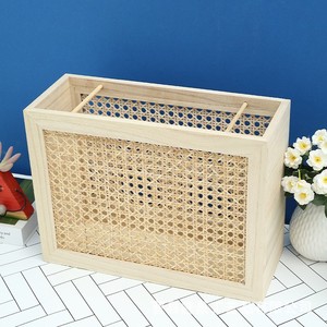 Wooden Magazine Organizer With Rattan Weave Desktop <b>Storage</b> Box 45L Natural Color <b>File</b> Holder For Office Home Use - Product Image 3