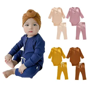 Vente en gros pull tricoté en bambou pour bébé, survêtements pour enfants, tenues, barboteuses d'automne, combinaisons, pantalons pour enfants, barboteuse côtelée pour bébé