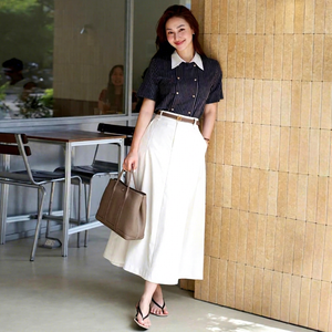 CV753 Elegante Falda Midi de Algodón con Cintura Alta y Cinturón para Mujer, Estilo Recto para Oficina y Trabajo - Product Image 1