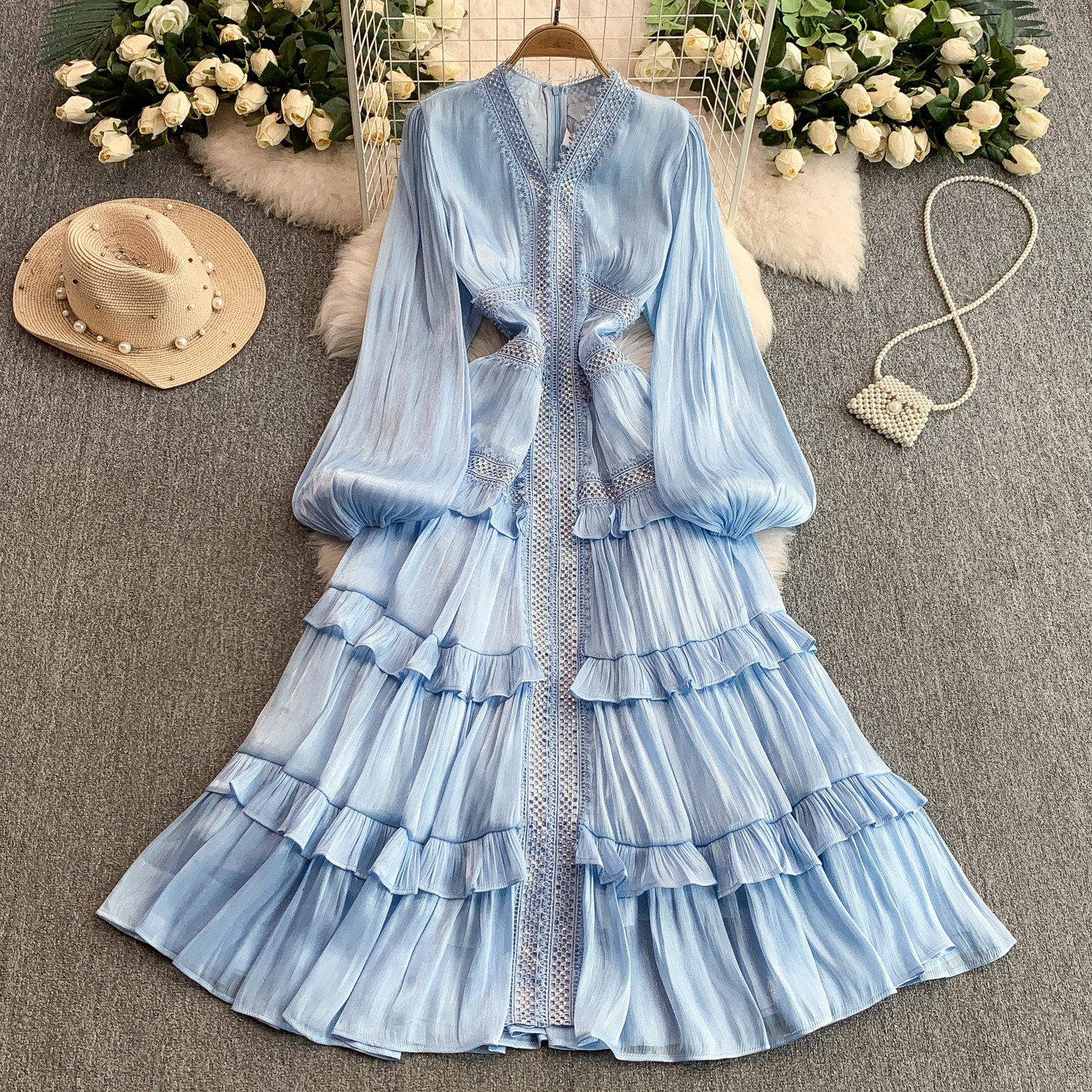 open lace back dress Women's Vintage Pleated Dress Long Sleeve V Neck A Line Dress (Color :  Black, Size : One Size) : Clothing, Shoes & Jewelry