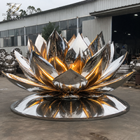 Sculpture de lotus en acier inoxydable poli miroir avec éclairage LED pour hôtel, jardin, villa, cour, place publique, aménagement paysager