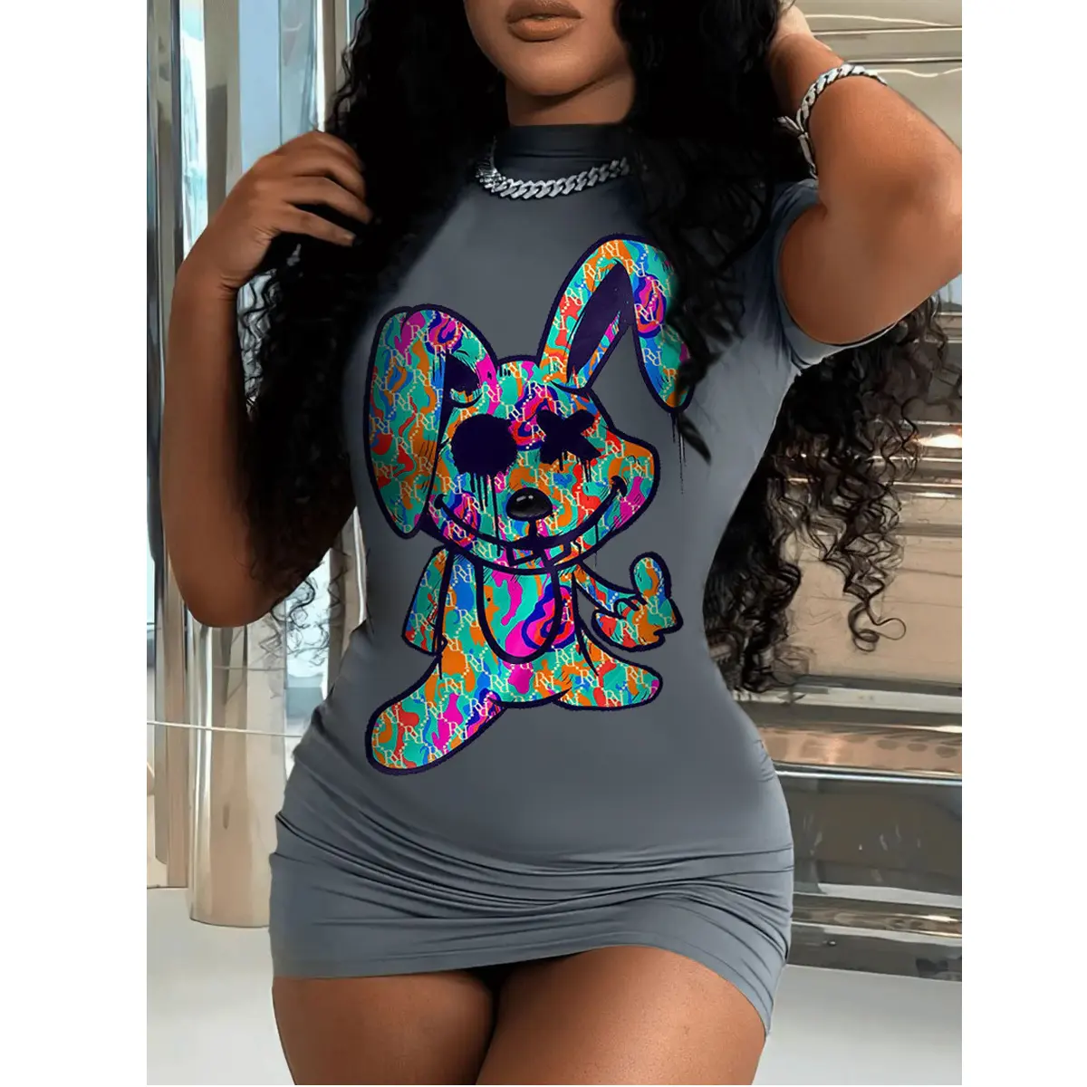 Z152006 2023 Printed Summer Casual Tight Sexy bear print casual gray short dress for women