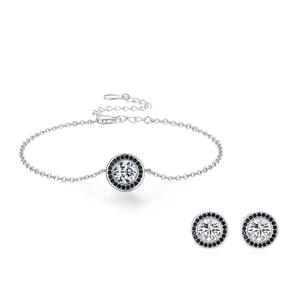 Pendientes y pulsera de plata de ley S925 retro de lujo con circonitas negras y blancas, un conjunto de joyería de estilo punk moderno y a la moda. - Product Image 1