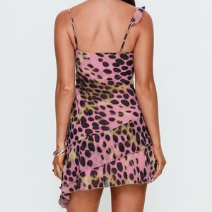 Y2K Pink Leopard Print Slip <strong>Dress</strong> Square Neck Ruffled Trim Asymmetrical <strong>Hanky</strong> <strong>Hem</strong> Chiffon Summer Club Mini <strong>Dress</strong> Going Out <strong>Dress</strong> - Product Image 3