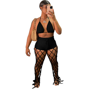Handmade Summer Swimwear &amp; Beachwear See Through Beach Cover up Bra Hollow Out Fishnet Pants Mesh 2 Two Piece <strong>Crochet</strong> <strong>Set</strong> Women - Product Image 2