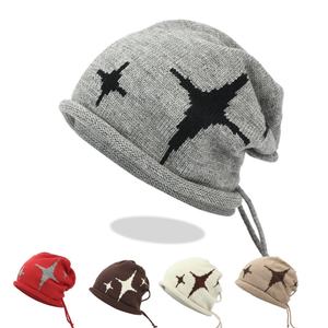 HKZB New Drawstring <b>Slouchy</b> <b>Beanie</b> Autumn Winter Four Pointed Star Oversized Fit Plain Face Friendly Versatile Street Travel - Product Image 1