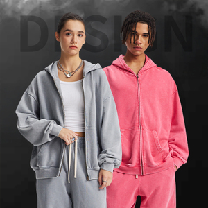 Sweat à capuche zippé en coton épais de haute qualité, style vintage oversize streetwear, délavé à l'acide, avec logo personnalisé, pour homme, hiver - Product Image 1