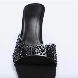 Black Large Size Rhinestone Mule <strong>Heels</strong>: Square Toe, Stiletto <strong>Heel</strong> <strong>Sparkly</strong> &amp; Elegant for Evening Occasions - Product Image 4