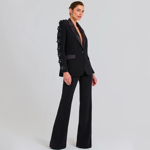Manteau <span class=keywords><strong>de</strong></span> luxe noir à col en V et fleurs 3D pour femme, robe <span class=keywords><strong>de</strong></span> soirée <span class=keywords><strong>longue</strong></span> et pantalon droit, ensemble tailleur pour femme - Product Image 4