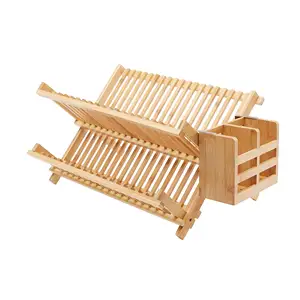 Tendedero de vajilla de bambú, estante plegable de 2 niveles con soporte de utensilios, estante de secado de madera para encimera de cocina