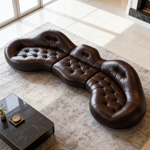 Canapé en cuir courbé de luxe moderne, capitonné, marron, Chesterfield, sectionnel, grand meuble de salon, canapé design sinusoïdal - Product Image 3