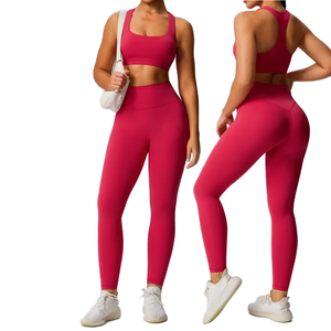 女式纯色两件套高腰提臀紧身运动服速干透气瑜伽服 - Product Image 1
