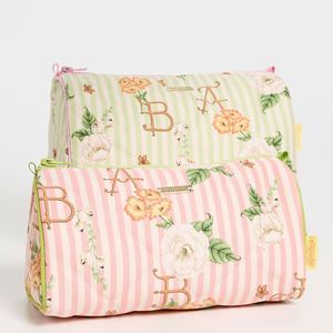 Pochette de maquillage pliable légère en nylon imperméable écologique à imprimé floral rayé matelassé personnalisé avec fermeture éclair grande taille - Product Image 1