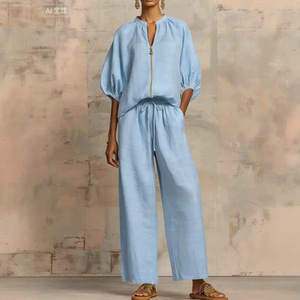 Combinaison décontractée unie à col zippé et jambes larges pour femme – Nouvelle collection été – <span class=keywords><strong>Combishort</strong></span> une pièce - Product Image 3