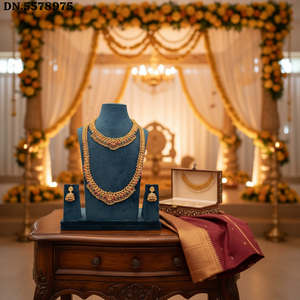 Traditional South <b>Indian</b> Temple Long Bridal Necklace Set Alloy Gold Plated Zircon Earrings Vintage Engagement Wedding - Product Image 3
