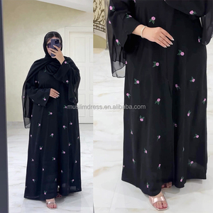 Abaya Modesta para Mujer Habib, Abaya de Chifón con Bordado de Flores Estilo Dubái 2026, Abaya Negra Abierta, Conjunto con Hiyab, Ropa Islámica - Product Image 4