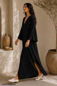 Vestido Largo de Fiesta para Mujer, Estilo Kaftan, en Lino Negro, Corte A, Ecológico, con Cinturón, Tradicional, Fluido, Exportación B2B - Product Image 2