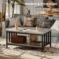 Table basse pliable SENYU Nu-Deco Grey Wash, style farmhouse moderne, pour salon, avec cadre à lattes et étagère de rangement à 2 niveaux
