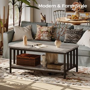 Table basse SENYU Nu-Deco Grey Wash style ferme moderne pour salon avec cadre latéral à lattes et étagère de rangement à 2 niveaux - Product Image 6