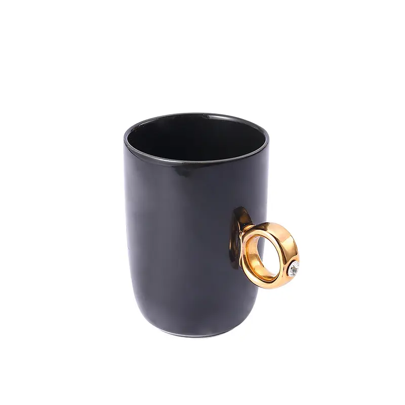 Copo de café com anel criativo, anel de cerâmica preto com alça dourada caneca para café
