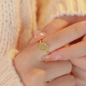 Hetian <b>Jade</b> Heart <b>Ring</b> For Women Minimalist Vintage Index Finger Jewelry Gift Bezel Setting - Product Image 1