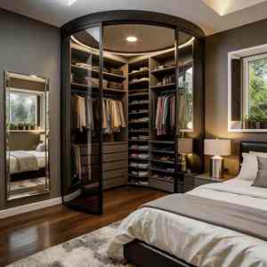 BALOM Customized Solid Wood Walk-in Closet <b>Wardrobe</b> with LED Lights & <b>Black</b> Tea Glass <b>Door</b> Bedroom Furniture Ardrobe Best Price - Product Image 4