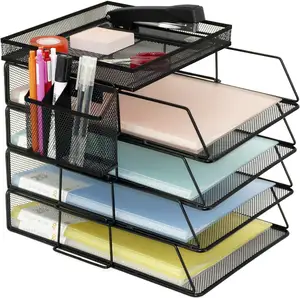 Organisateur de <span class=keywords><strong>bureau</strong></span> de fournisseur de <span class=keywords><strong>bureau</strong></span>, lot de 4 plateaux à lettres empilables avec porte-stylo - Product Image 1