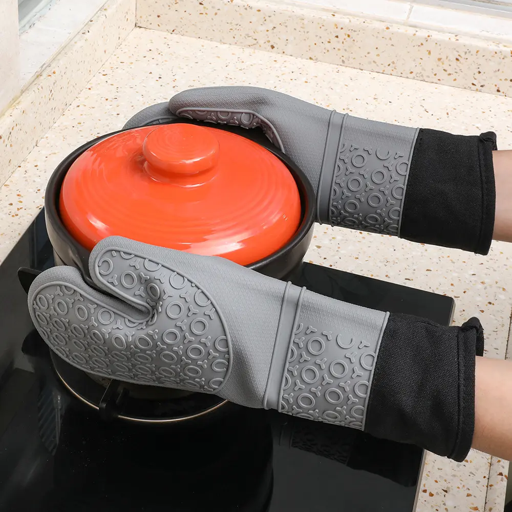 ถุงมือซิลิโคนกันลื่นกันน้ำทนความร้อน,ถุงมือเตาอบบาร์บีคิวผ้าฝ้ายยาวสำหรับทำบาร์บีคิวอบทำอาหาร