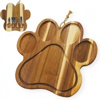 Planche à charcuterie en bois d'acacia en forme de patte de 13,8 pouces et 0,8 pouce d'épaisseur, couteaux à fromage magnétiques (lot de 4) - Cadeau pour les amoureux des animaux