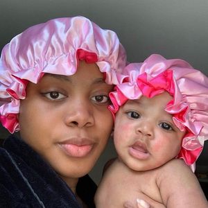 Drop Ship Double Layer Satin <strong>Bonnet</strong> Mommy and Me Custom Silk Hair <strong>Bonnet</strong> Night Sleep Cap Designer <strong>Bonnets</strong> with logo - Product Image 3