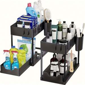 Organizador de Plástico para Debajo del Gabinete de Cocina o Baño, de 2 Niveles, Libre de BPA, con Ganchos y Portavasos/Portacuchillos - Product Image 1