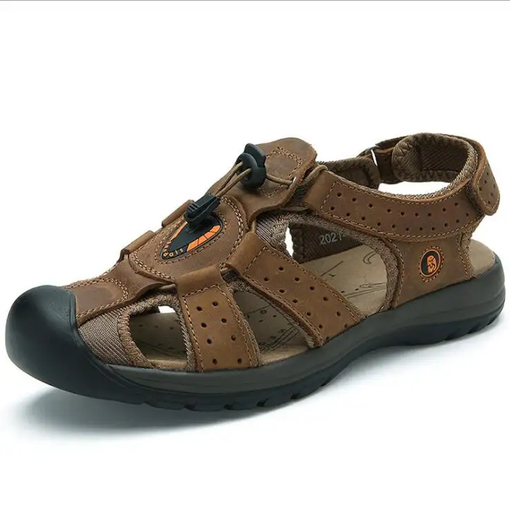Summer Men's Leather Beach Sandals Top Layer Leather Hole Shoes