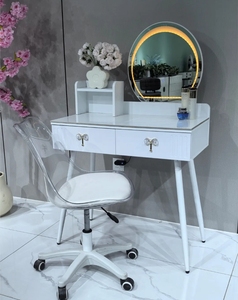 Wholesale Modern Bedroom Dressing Furniture <b>LED</b> Round <b>Mirror</b> <b>Makeup</b> Vanity Desk With Storage Drawers And Stool - Product Image 3