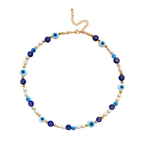 Collana Girocollo Unisex con Perle d'Acqua Dolce e Occhio di Allah, Design Originale Maiou, Fatta a Mano, Placcata Oro, Classica Geometrica - Product Image 1