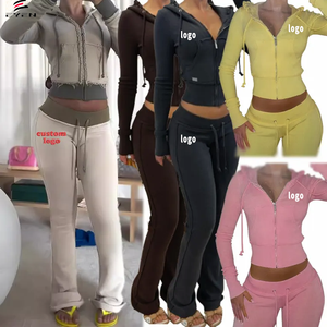 Custom Distressed Two Piece Set Women <strong>Outfits</strong> Zip up Jacket Sweat Pants Casual 2 Piece Jogger Hoodie Sets Women Clothing - Product Image 1