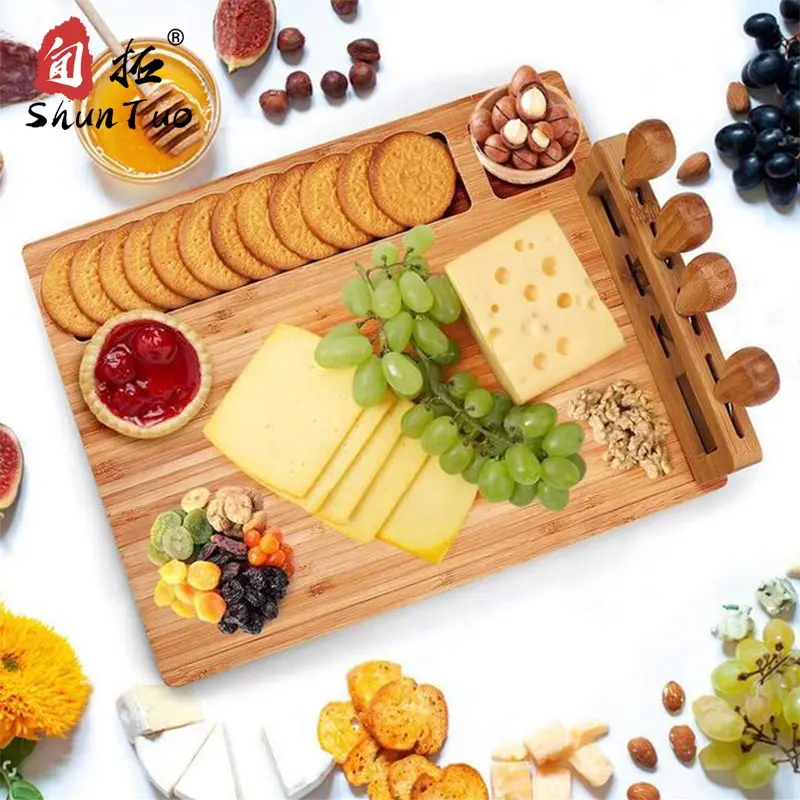 2 in 1 non slip restaurant sustainable multi function chopping cutting custom size bamboo cheese board set with cutlery