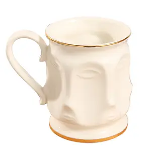 Grosir kopi mug wajah-Baru Kreatif Nordic Putih Wajah Manusia Minum Keramik Cangkir Kopi dengan Garis Emas