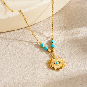 Vintage Style Turquoise <b>Beaded</b> Gold Plated Blue Eye Pendant Jewelry <b>Set</b> Stainless Steel Necklace Women's Fashion Jewelry - Product Image 2