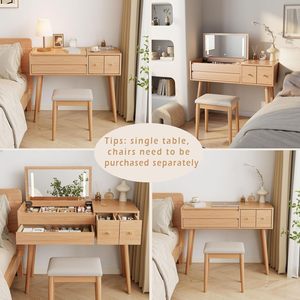 Grand bureau de maquillage en bois massif avec miroir rabattable 4 tiroirs 3 modes d'éclairage <span class=keywords><strong>dressing</strong></span> de couleur bois <span class=keywords><strong>original</strong></span> - Product Image 3